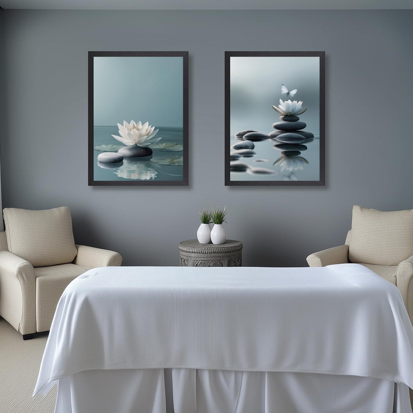 GELDSTEI Calm Zen Botanical Canvas Wall Art, White Lotus Blooming on Stones in Water Aesthetic Pictures, Yoga Spa Meditation Room Decor, Modern Spiritual Poster Prints for Zen Office Framed Set of 3, Each 12x16 Inch