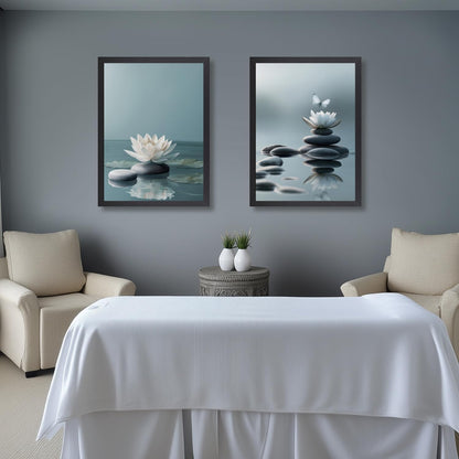 GELDSTEI Calm Zen Botanical Canvas Wall Art, White Lotus Blooming on Stones in Water Aesthetic Pictures, Yoga Spa Meditation Room Decor, Modern Spiritual Poster Prints for Zen Office Framed Set of 3, Each 12x16 Inch
