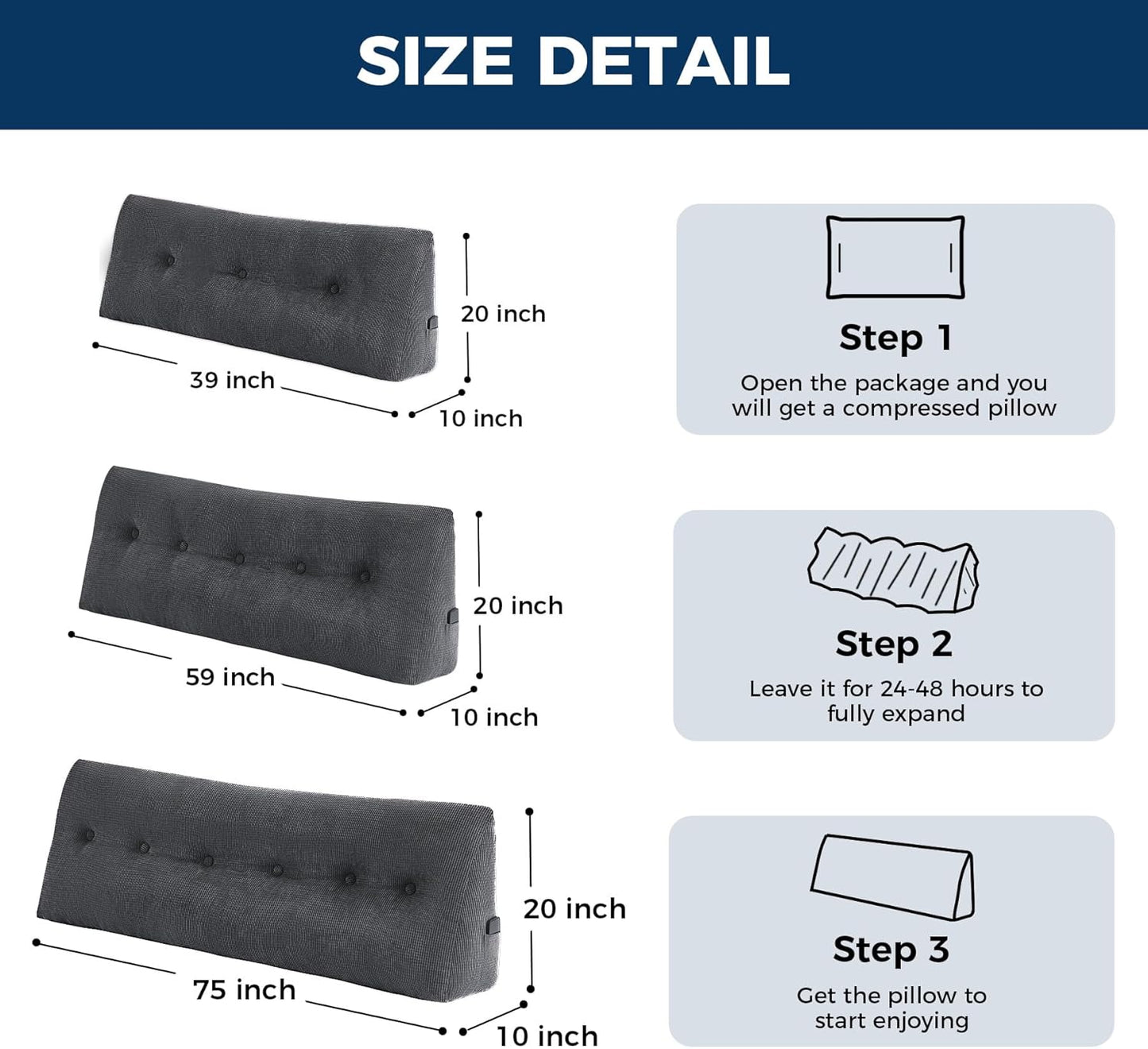 IASEAHK Headboard Pillow Queen, Triangle Pillows for Headboard, Head Board Backrest Wedge Pillow for Reading Sitting Working, Daybed Pillows with Removable Cover for Bed Dorm Sofa, Dark Grey