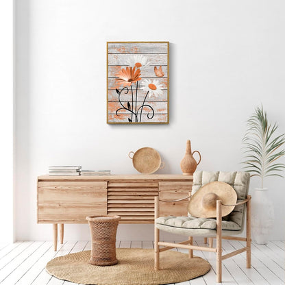 HVEST Farmhouse Floral Wall Art for Living Room, Blue and White Daisy Flower and Butterfly on Rustic Wood Board Canvas Wall Art Framed Artwork Ready to Hang for Bathroom Bedroom Decor, 16L X 12W