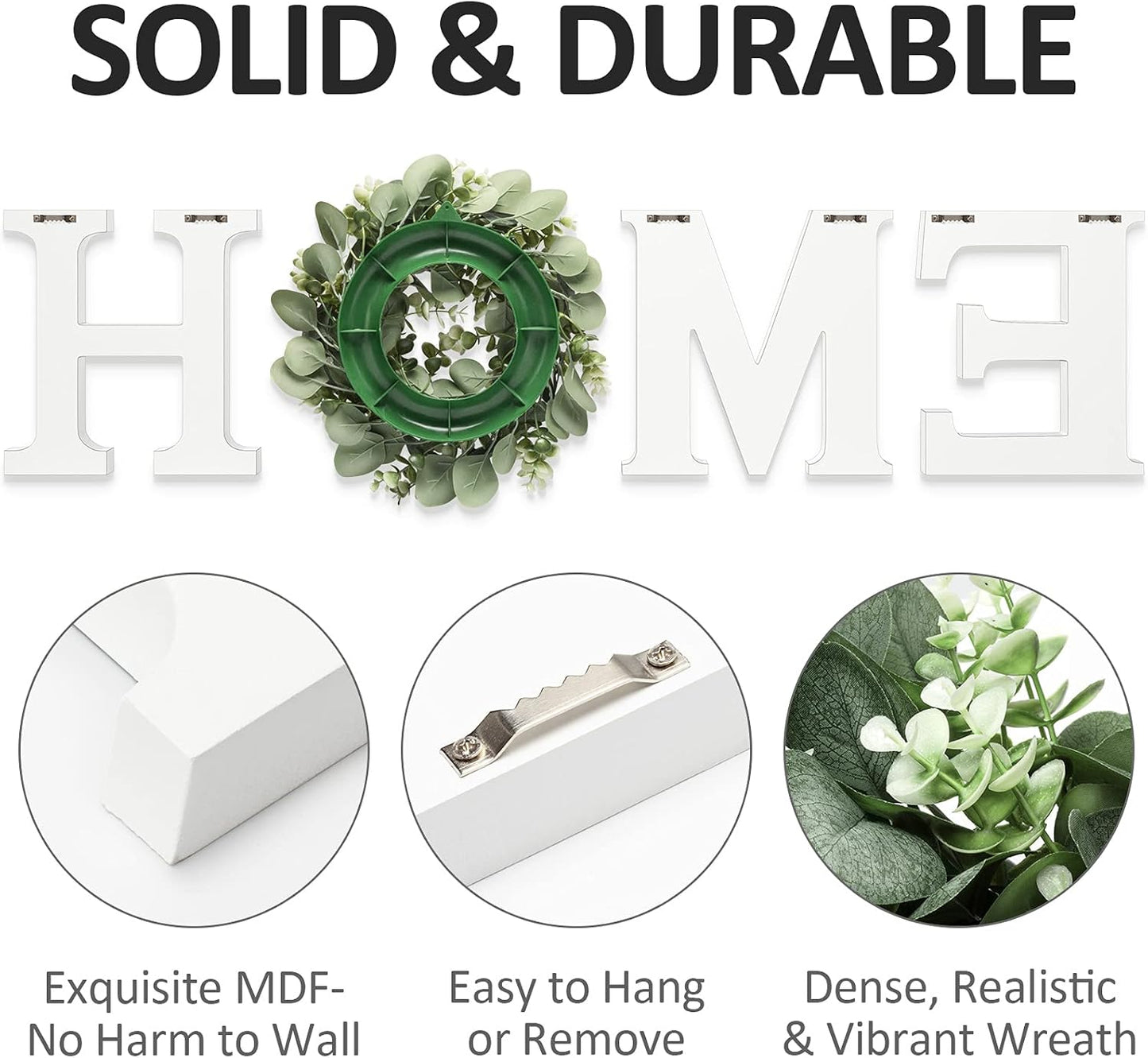 MAYICIVO Modern Wooden Home Sign with Artificial Eucalyptus Wreath, White and Beige, 13.81 inches Diameter, Wall Mount, MDF Wood, Plastic