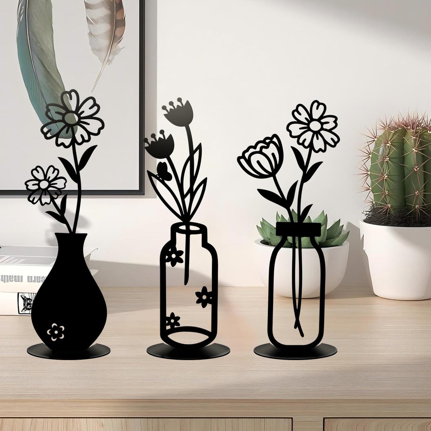 3PCS Sculptures Home Decor, Metal Vase Tabletop Decor, Home Decor for Living Rooms Bedrooms Bookshelves and Desks (Black)