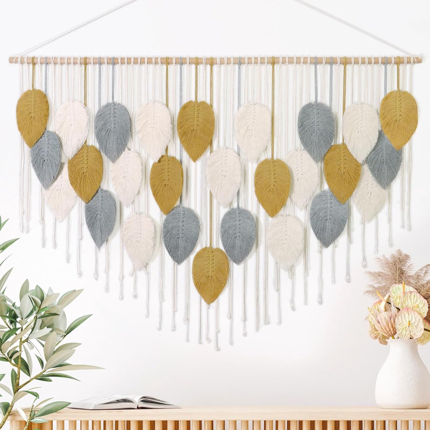 LOMOHOO Macrame Wall Hanging Boho Beige Leaves Tapestry Bohemian Handmade Woven Wall Art Decoration for Bedroom Living Room Apartment Dorm Gallery Perfect Handmade Gift Ideas