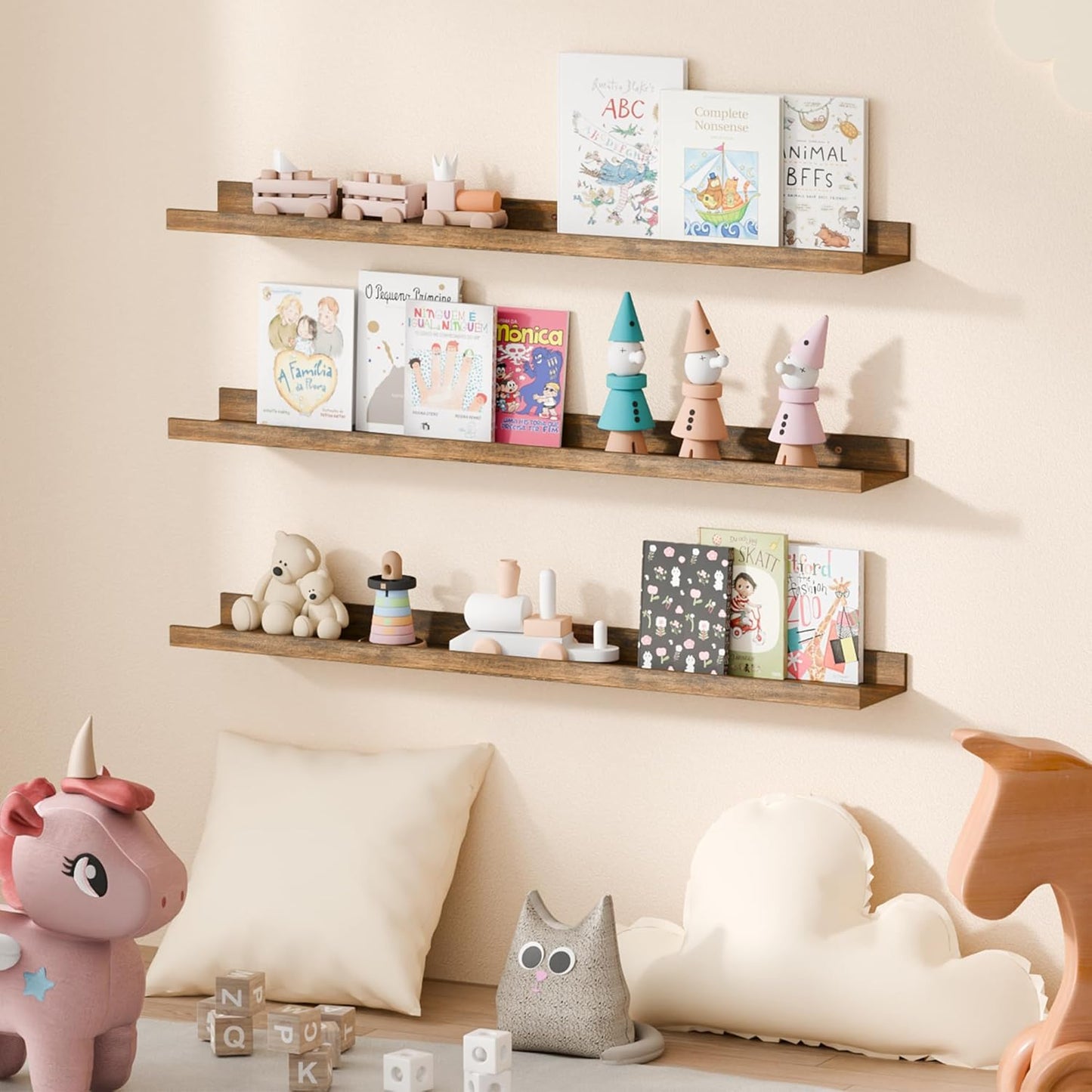 upsimples 6 Pack Wooden Floating Shelves, Wall Storage Decor Shelf for Bathroom, Bedroom, Living Room, Kitchen, Office and Laundry Room, Wall Mounted Display Hanging Shelf, Brown