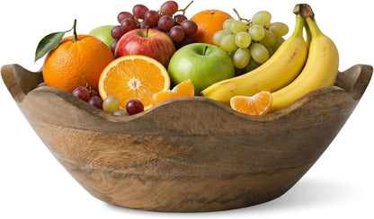 Mela Artisans 12-Inch Mango Wood Scalloped Bowl - Hand-Finished Decorative Serving and Fruit Bowl with Natural Grain for Kitchen Counter, Snacks, Desserts, Bread and Home Decor Centerpiece