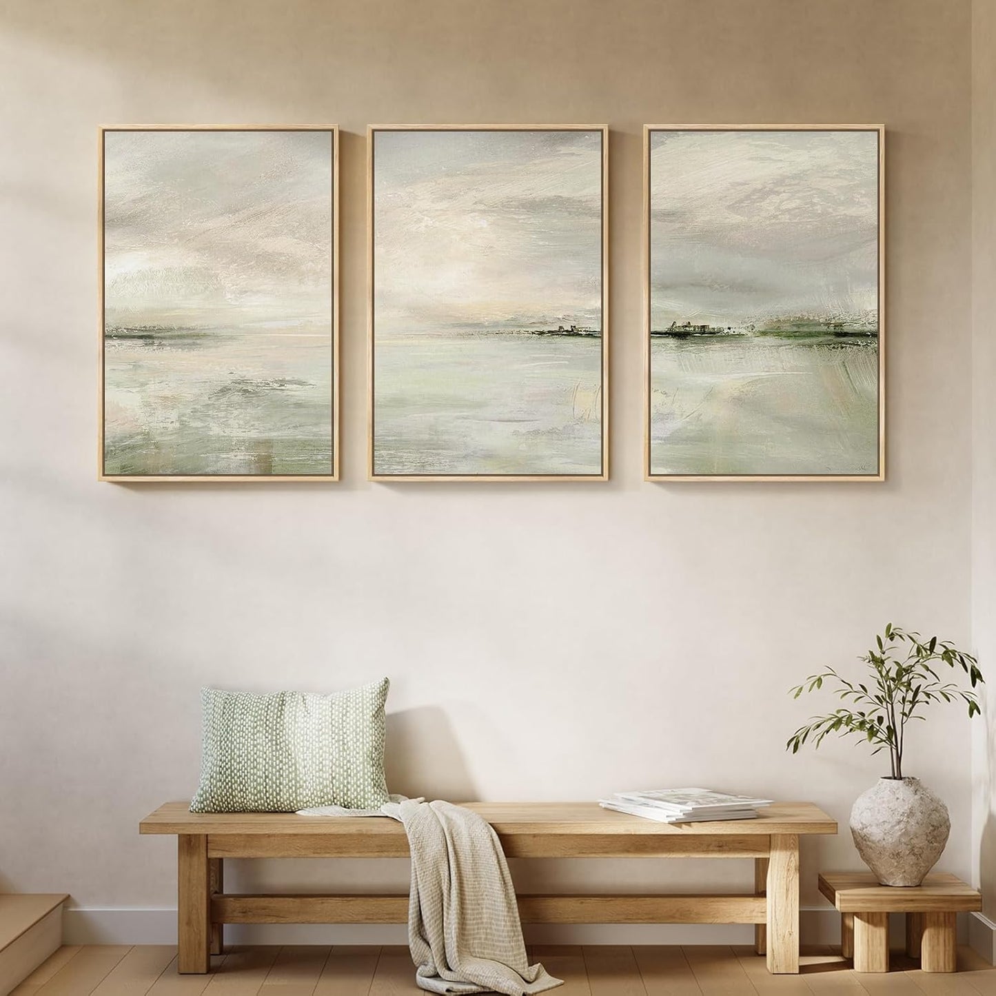 Large Framed Abstract Nature Landscape Wall Art for Living Room, Set of 3 Modern Canvas Prints Paintings Artwork for Walls, Green Lake Pictures for Hallway, Dining Room, Office Wall Decor 24x36 Inch