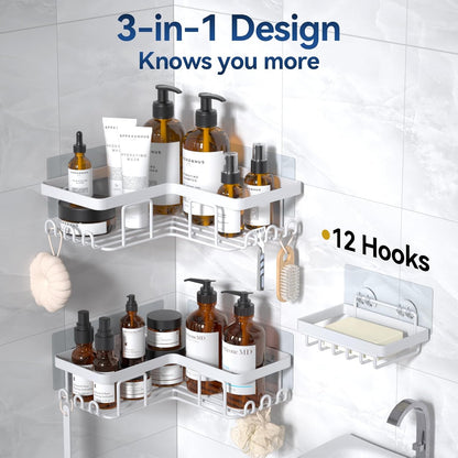 YASONIC Corner Adhesive Shower Caddy, with Soap Holder and 12 Hooks, Rustproof Stainless Steel Bathroom Organizer, No Drilling Wall Mounted Rack, Black, 3-Pack