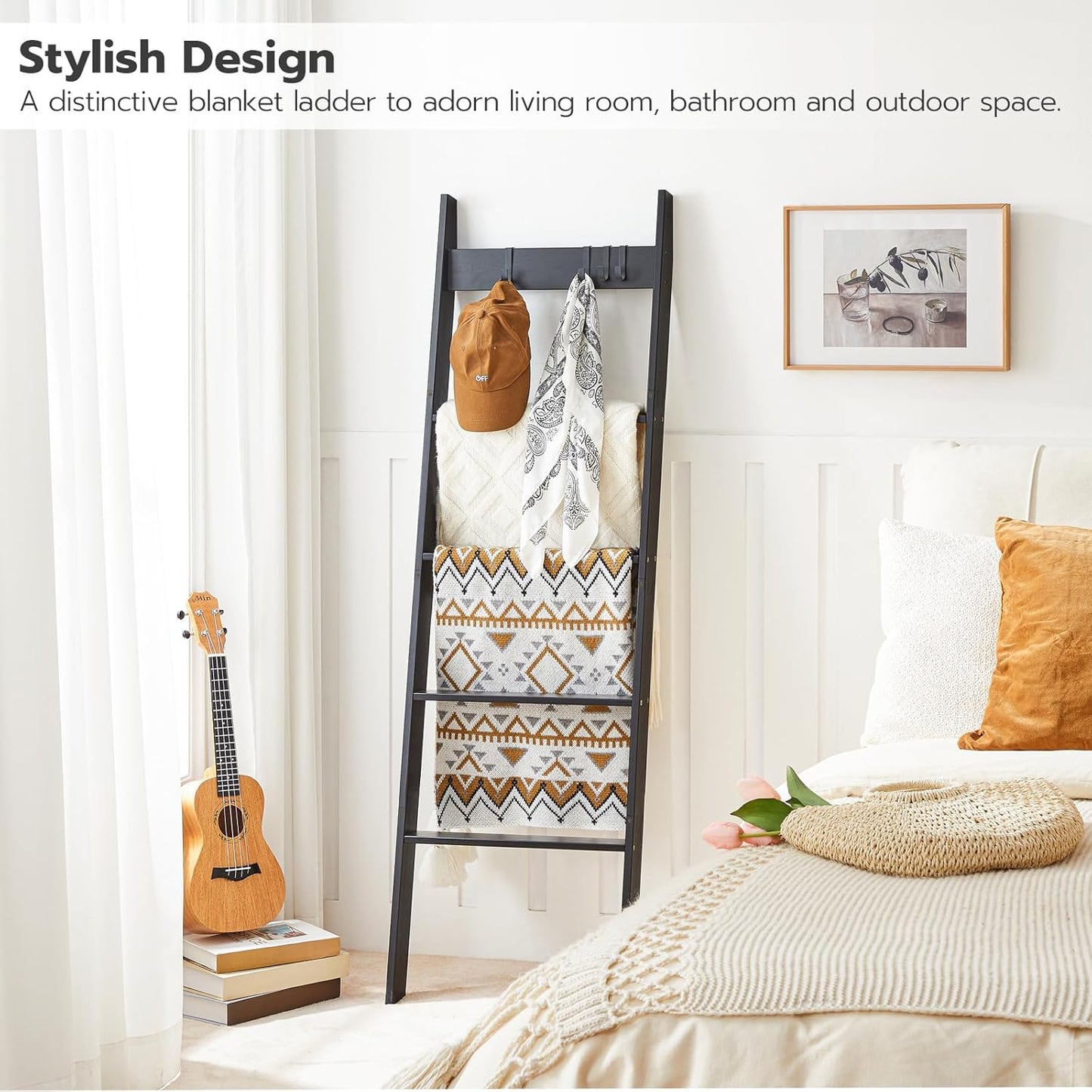 HOOBRO Blanket Ladder for Living Room and Bedroom, 5-Tier Wall Leaning Towel Rack for Bathroom, Decorative Ladder Shelf with 4 Removable Hooks, Farmhouse Blanket Storage, Mocha MA51CJ01G1