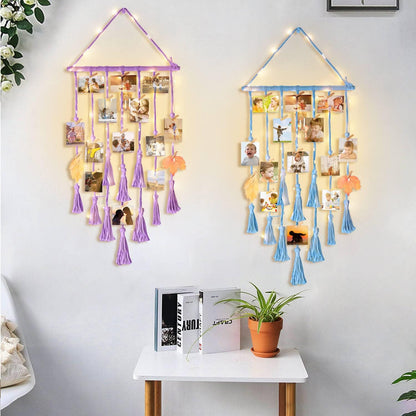 Homecor Hanging Photo Display Wall Decor, Macrame Wall Hanging Boho Room Bedroom Decor, Picture Frame Collage Board with Light 30 Clip, Christmas Teenage Teen Girl Gifts Ages 10 11 12 13 14 Years Old