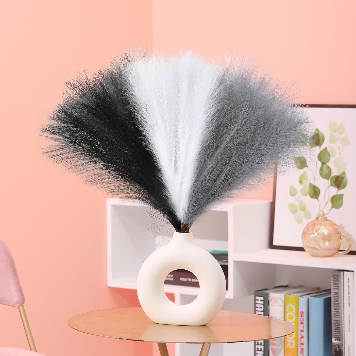 UREYMX Faux Pampas Grass Decor 17.7 Inch 6pcs, Artificial Pampas Grass Fluffy Home Decor, Short Vase Room Decor pompous Grass Flower Arrangement for Boho Home Wedding Decoration (Black)