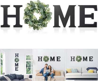 MAYICIVO Modern Wooden Home Sign with Artificial Eucalyptus Wreath, White and Beige, 13.81 inches Diameter, Wall Mount, MDF Wood, Plastic