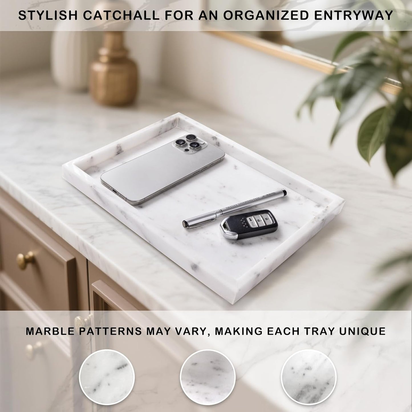 Marble Bathroom Tray for Countertop & Home Decor, Natural Decorative Marble Tray for Jewelry & Perfume Organizer, Luxury Stone Vanity Trays for Dresser, Kitchen Counter, 12" x 8", Gray Black