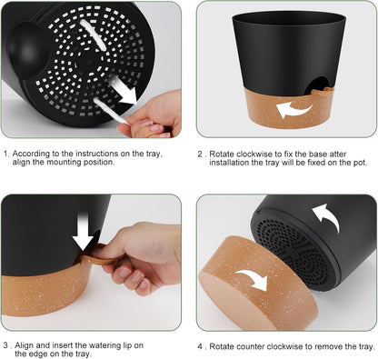 YNNICO Indoor Self Watering Planters with Drainage Holes and Saucers, 8, 7, 6.5, 6, 5.5, 5 Inches, Black, 6 Pots