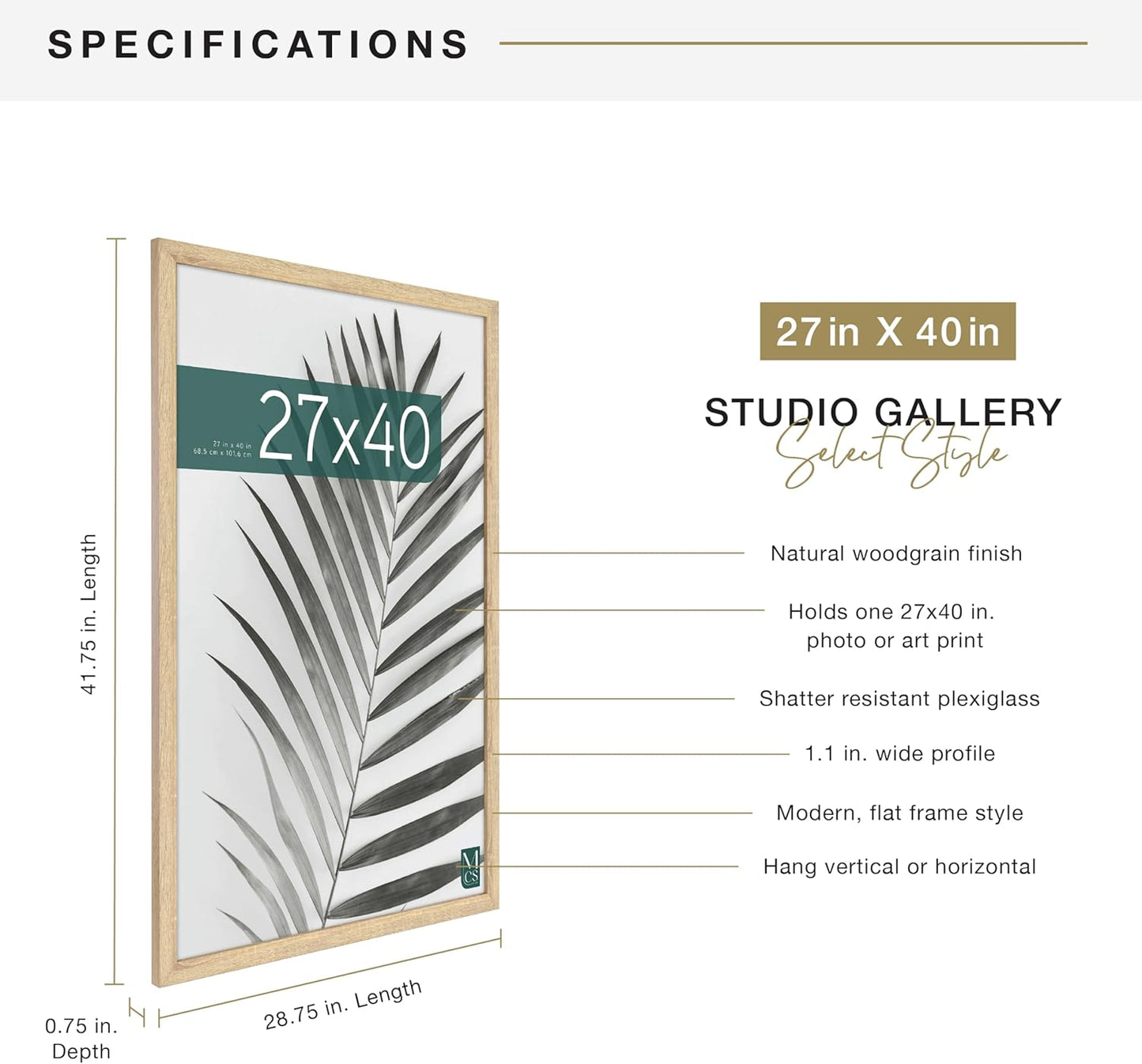 MCS Studio Gallery 16x24 Poster Frame Black Woodgrain Engineered Wood, Vertical & Horizontal Wall Hanging Large Picture Frame for Photos, Posters & Art Prints (1-Pack)