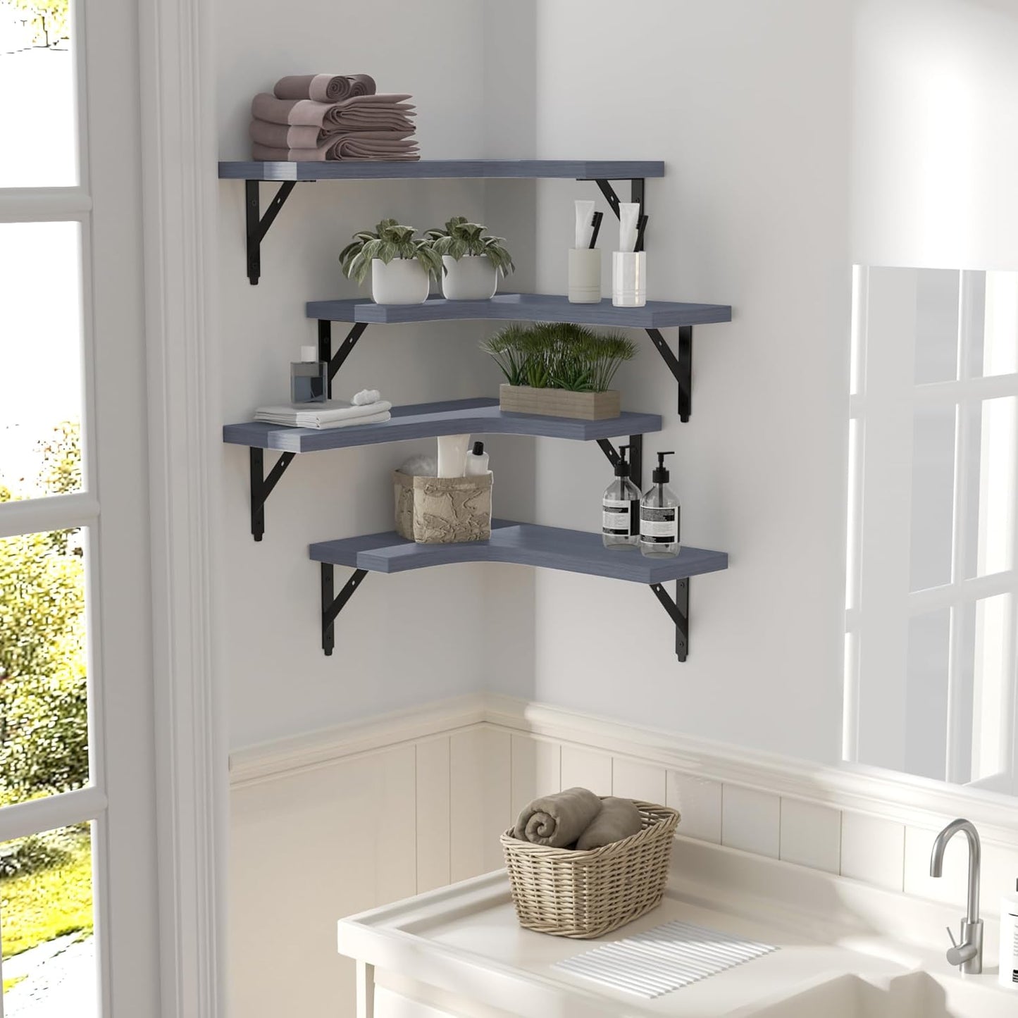 ROMGUAR CRAFT Corner Floating Shelves Wall Mounted Set of 4, Rustic Wood Storage Display Shelves for Home Decor, Bathroom, Kitchen, Bedroom, Living Room, Office (Black)