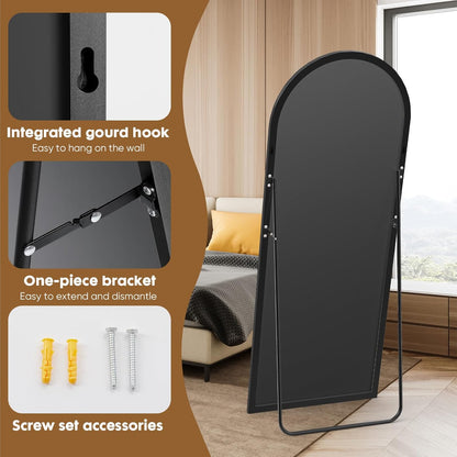 OLIXIS Black Arched Full Length Mirror 60"x16" for Bedroom, Full Body Mirror with Stand, Hanging or Leaning for Wall, Aluminum Alloy Thin Frame Floor Standing for Living Room