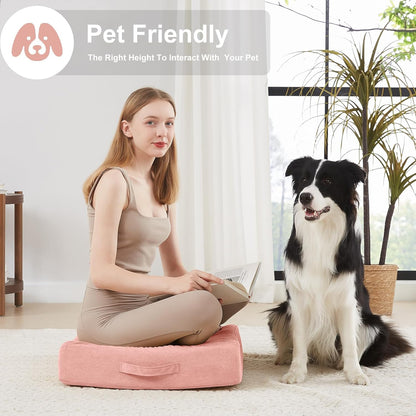 JKMAX 2 Pcs High Density Foam Floor Pillow - Upgraded Large Pillows Seating for Adults - Outdoor Floor Cushion with Soft Tufted Cover - Yoga Pillows for Sitting On Floor - 22 Inch Light Gray