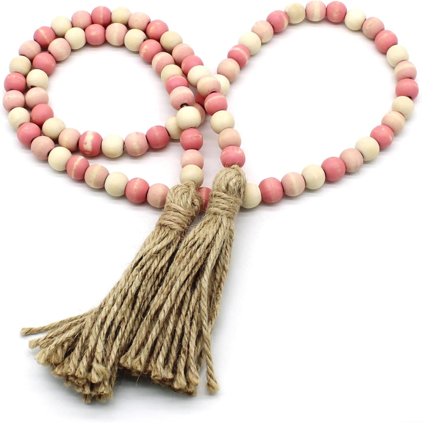CVHOMEDECO. Wood Beads Garland with Tassels Farmhouse Rustic Wooden Prayer Bead String Wall Hanging Accent for Home Festival Decor. Mix Distressed