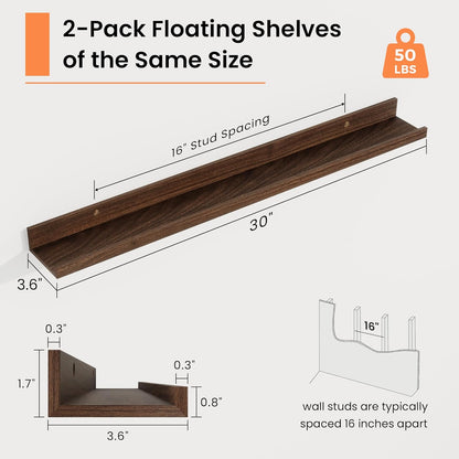 RICHFOCUS Picture Ledge Shelf, 24 inch Floating Shelves Set of 2, Wood Wall Shelves with Lip, Wall Decor Storage for Bedroom Living Room Bathroom Kitchen Nursery Photo Picture, Walnut