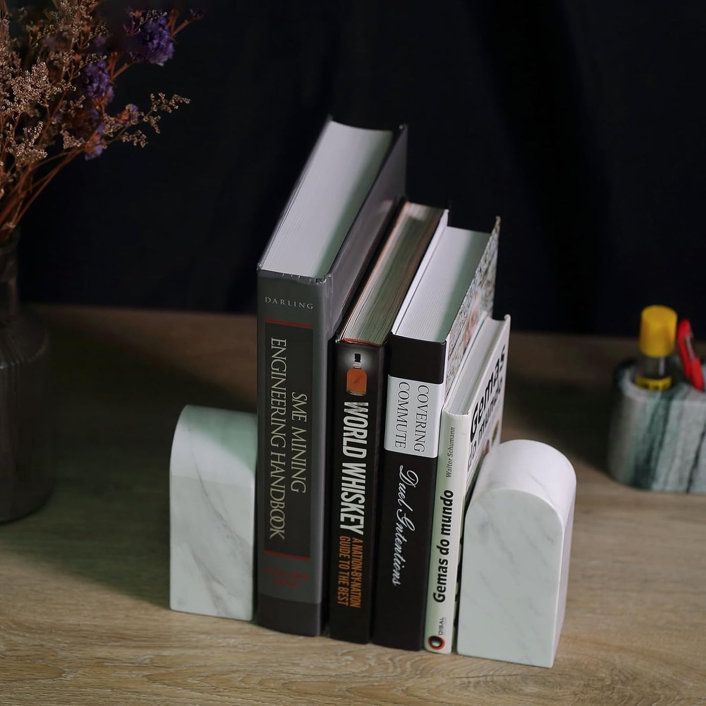 Koville African Natural Marble Bookends for Shelves, Non-Slip Book Ends, 13LBS Ultra Heavy Duty Marble Book Holder Organizer, Apartment Decor for Movies/CD/Video Games(Namib Fantasy)