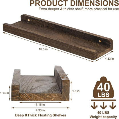 Floating Shelves Set of 3, 16.5 Inch Wood Picture Ledge Shelves for Wall Mounted Display in Bedroom, Living Room, Kitchen(Brown)