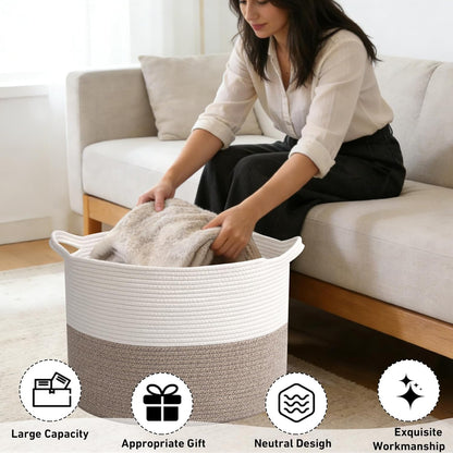 Large Woven Blanket Basket,65L Cotton Rope Laundry Basket Hamper with Handles, Decorative Nursery Basket Storage Bin for Toys, Clothes Organizer, Living Room, Bedroom, Bathroom, White & Brown