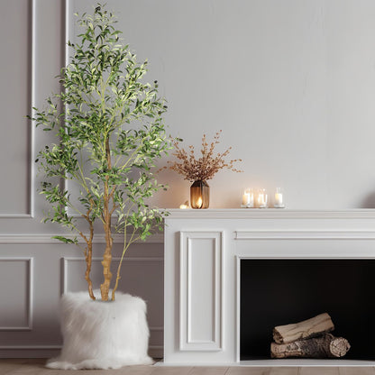 OXLLXO 7.2ft Artificial Olive Tree (85in) with Plastic Nursery Pot Faux Olive Silk Tree, Fruits Fake Plant for Office House Farmhouse Living Room Home Decor (Indoor/Outdoor)