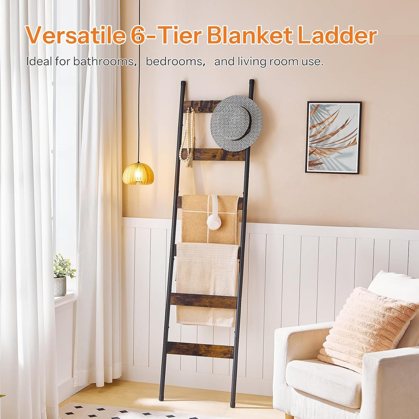 HOOBRO Blanket Ladder, 5-Tier Towel Rack with Hooks, Wall-Leaning Blanket Rack, Decorative Display Ladder Shelf, for Scarves, Industrial, Living Room, Bedroom, Rustic Brown and Black BF52CJ01