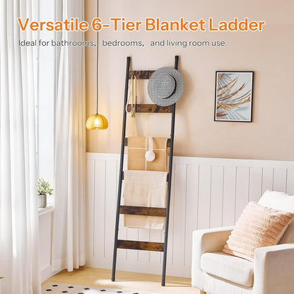 HOOBRO Blanket Ladder, 5-Tier Towel Rack with Hooks, Wall-Leaning Blanket Rack, Decorative Display Ladder Shelf, for Scarves, Industrial, Living Room, Bedroom, Rustic Brown and Black BF52CJ01
