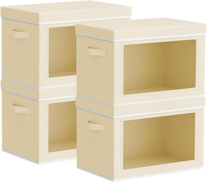 Homsorout Storage Bins with Lids - Fabric Closet Storage Bins with Window, Collapsible Baskets for Shelves 4 Pack, Home Decorative Boxes for Clothes, Closet, Office, Grey