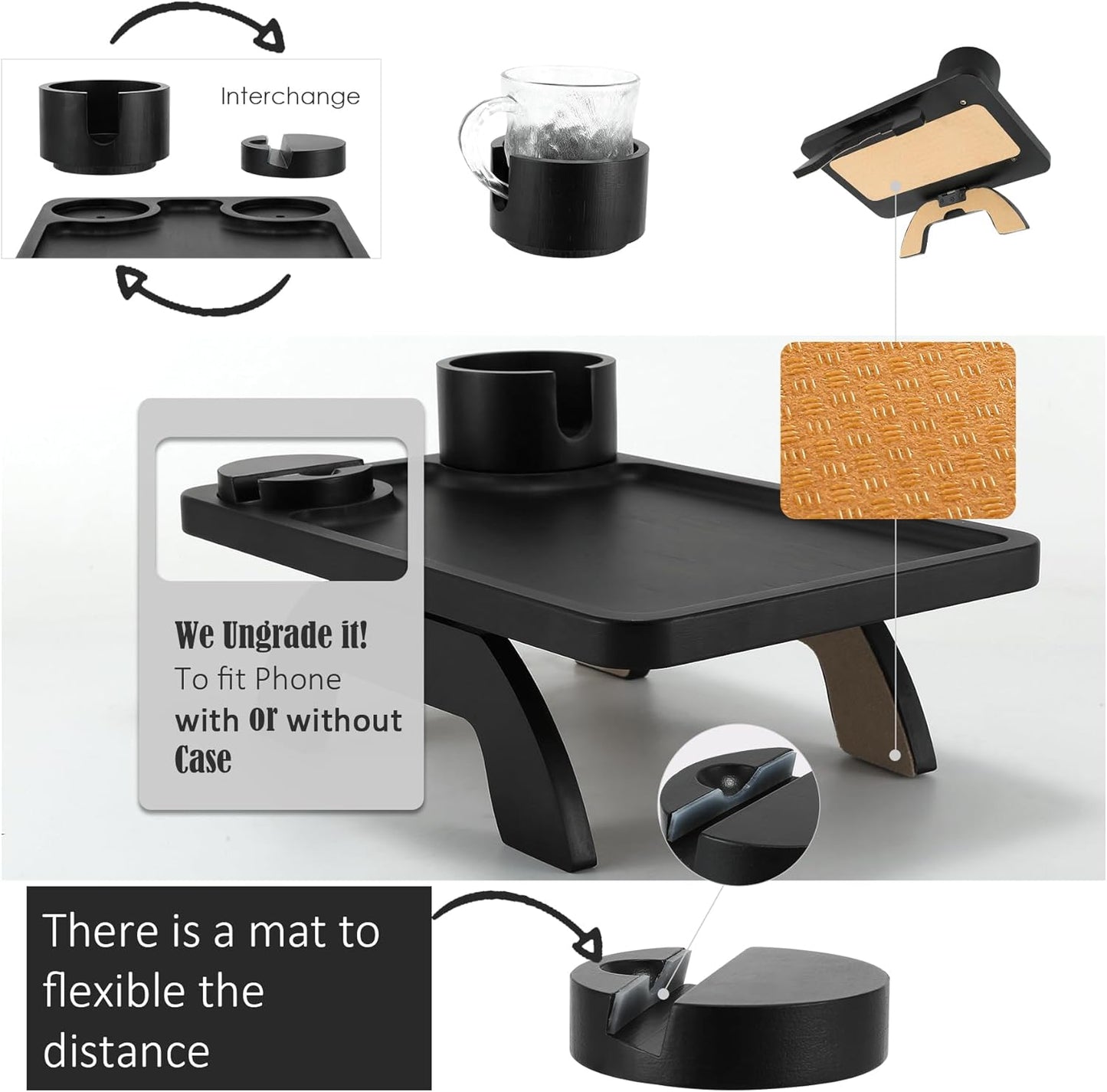 Nnewvante Couch Cup Holder Tray, 3 in 1 Large 15.36"x9.85" Acacia Wood Sofa Arm Clip on Tray Table with 360°Rotated Phone Holder on Armrest