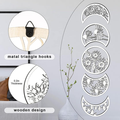 Jetec 5 Pcs Moon Phase Wall Art Decor Wall Pediments Hanging Wooden Phase Spiritual Bedroom Nordic Boho Lunar Aesthetic Art for Living Room Dorm Apartment Ornament(Brown,10.6 Inch,Botanical)