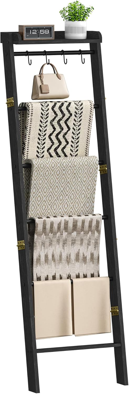 Hzuaneri Blanket Ladder Shelf, Decorative Quilt Rack, 6-Tier Farmhouse Ladder Holder Organizer with 4 Removable Hooks 7.9" D x 17.3" W x 63.4" H, Rustic Brown BR35801B