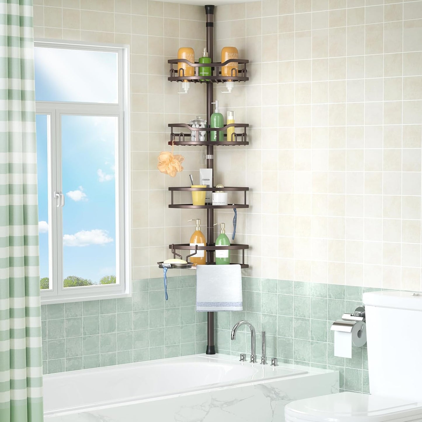 HAMITOR Corner Shower Caddy Tension Pole: Rustproof 4-Tier Bathroom Organizer Shelves for Bathtub Shampoo Storage - 47-121 Inch Quick Install Adjustable Rod Standing Rack with Soap Rack - Silver Gray