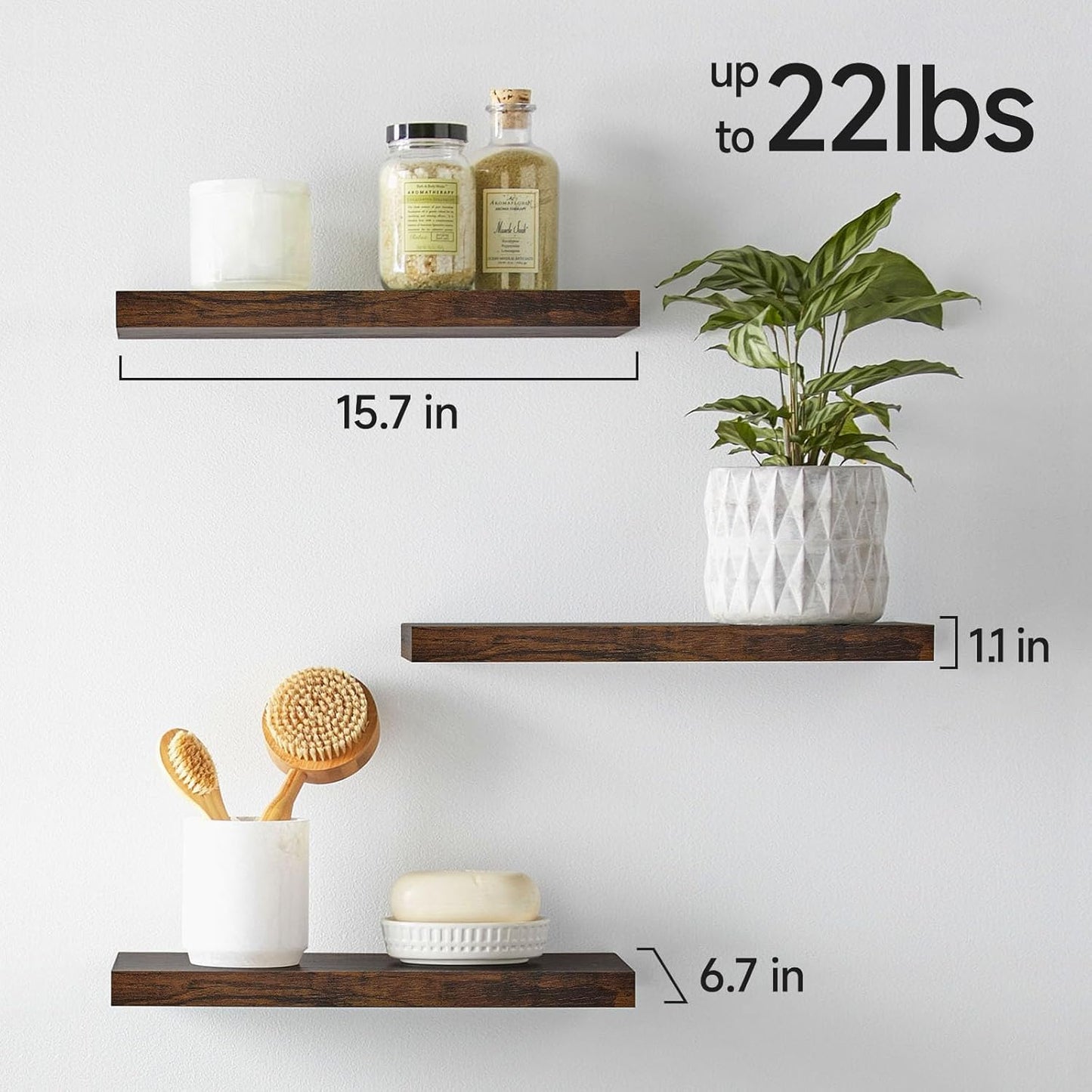 BAYKA Floating Shelves for Wall, Set of 3, Wall Mounted Rustic Wood Shelves for Bathroom, Bedroom, Living Room, Kitchen, Small Hanging Shelf for Books/Storage/Room Decor, Walnut-Like, 15.7in