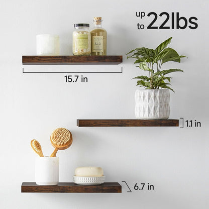 BAYKA Floating Shelves for Wall, Set of 3, Wall Mounted Rustic Wood Shelves for Bathroom, Bedroom, Living Room, Kitchen, Small Hanging Shelf for Books/Storage/Room Decor, Walnut-Like, 15.7in