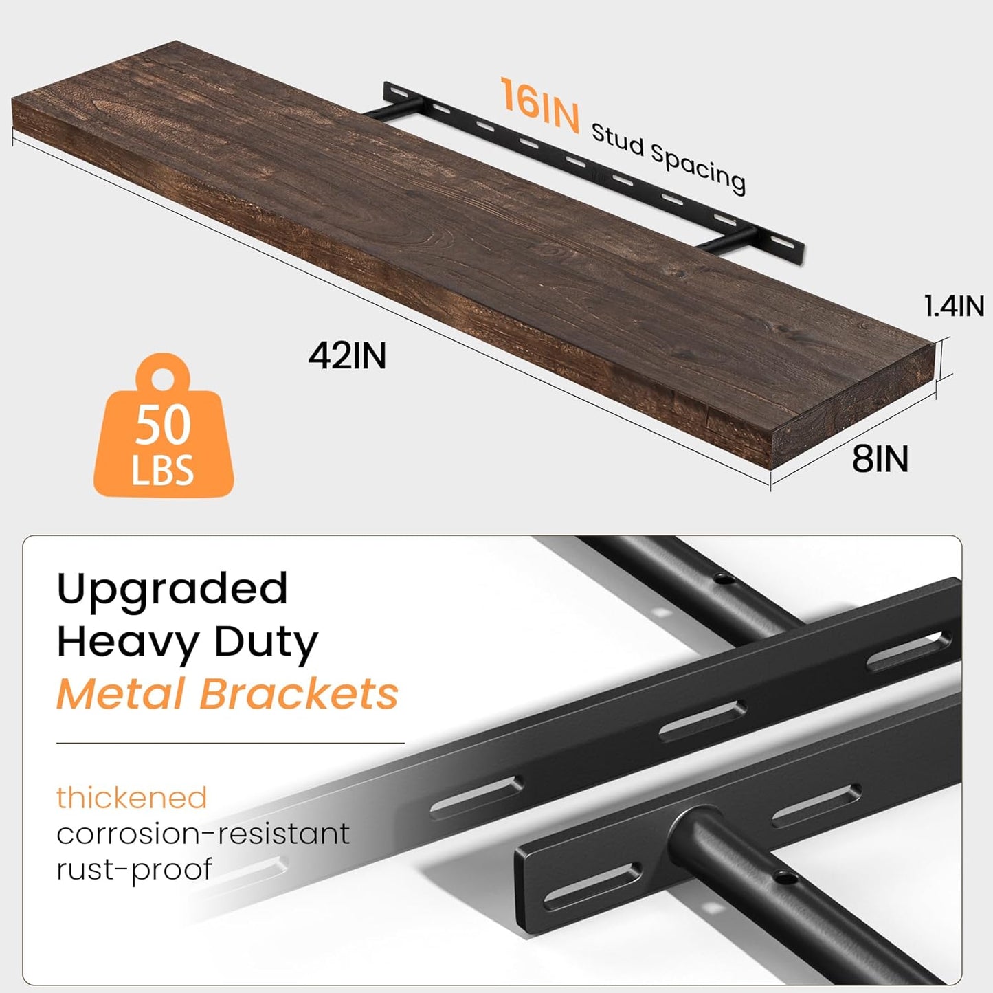 Floating Shelves 36 Inches Long - 8 Inch Deep Rustic Premium Solid Pine Wood for Storage - Farmhouse Wall Mounted for Living Room - Heavy-Duty Metal Bracket - 36" W x 8" D - Set of 2 - White Color