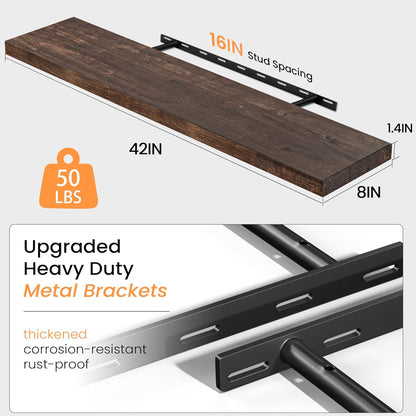 Floating Shelves 36 Inches Long - 8 Inch Deep Rustic Premium Solid Pine Wood for Storage - Farmhouse Wall Mounted for Living Room - Heavy-Duty Metal Bracket - 36" W x 8" D - Set of 2 - White Color