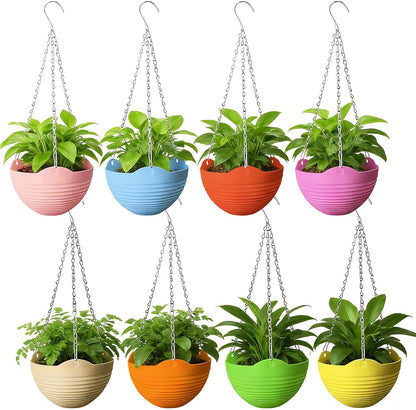 Srmayyi 4 Pack 8 inch Plastic Self Watering Hanging Planters,Round Hanging Basket Planter with Drainer and Metal Chain,White Garden Flower Plant Pot Container for Indoor Outdoor Plants