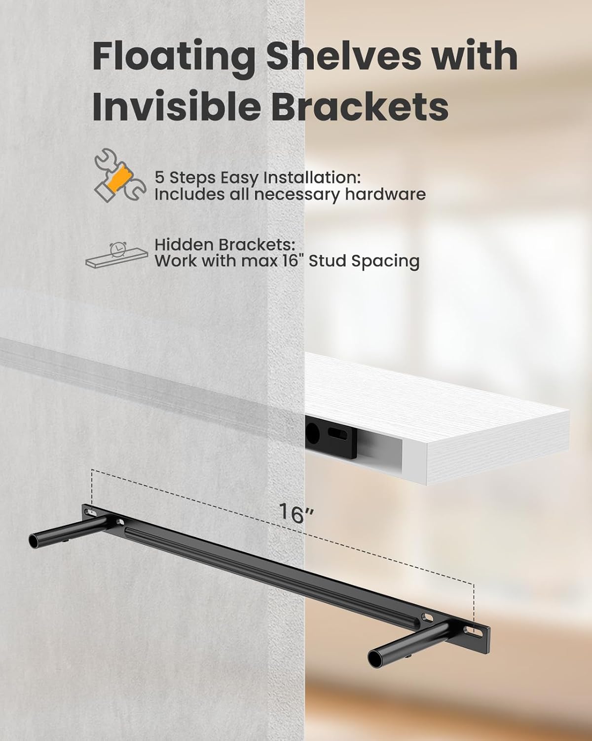 AMADA HOMEFURNISHING Floating Shelves, Wall Shelves for Bathroom/Living Room/Bedroom/Kitchen Decor, White Shelves with Invisible Brackets Set of 3 - AMFS08
