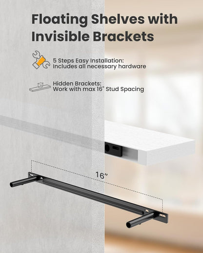 AMADA HOMEFURNISHING Floating Shelves, Wall Shelves for Bathroom/Living Room/Bedroom/Kitchen Decor, White Shelves with Invisible Brackets Set of 3 - AMFS08