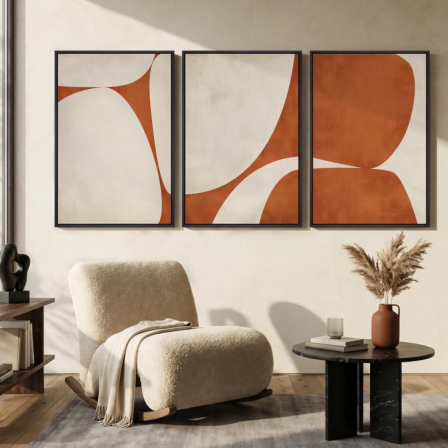 Large Framed Neutral Abstract Wall Art for Living Room, 3 Piece Modern Canvas Prints Paintings Artwork for Walls, Black and Beige Pictures for Living Room Hallway Stair Office Wall Decor 24x36 Inch