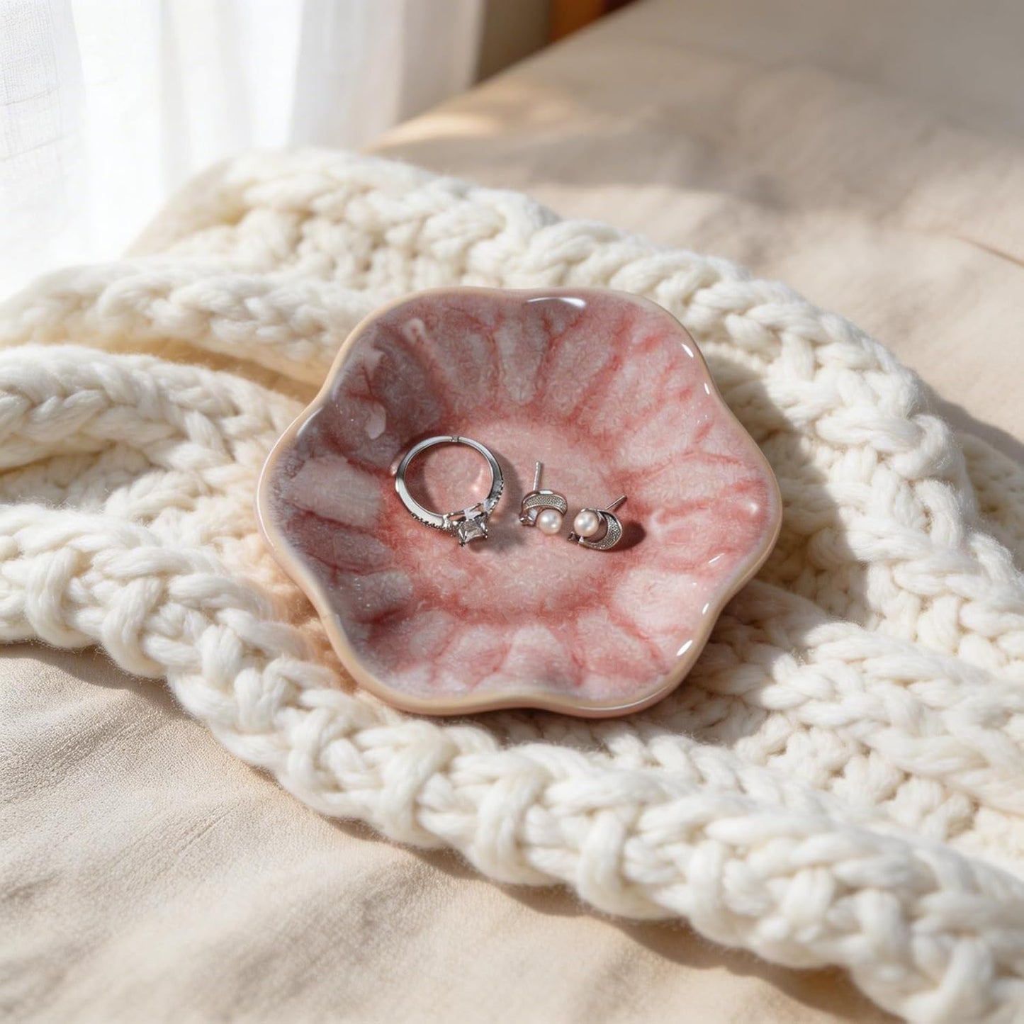 Pink Flower Ring Dish Holder,Jewelry Dish Tray,Small Trinket Tray,Jewelry Plate Bowl,Key Bowl,Decorative Plate,Mothers Day Birthday Gifts for Women Friends,Ceramic Kiln effect White