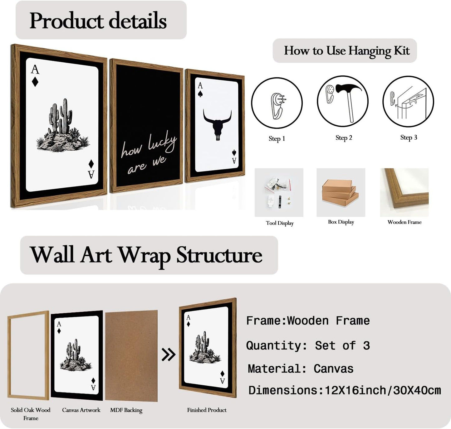 Western Wall Art Set of 3, Southwestern Cowboy Playing Card Wall Decor, Longhorn Bull Skull and How Lucky are We Poster Canvas Painting Prints for Bedroom Living Room 12x16 inch Wood Framed