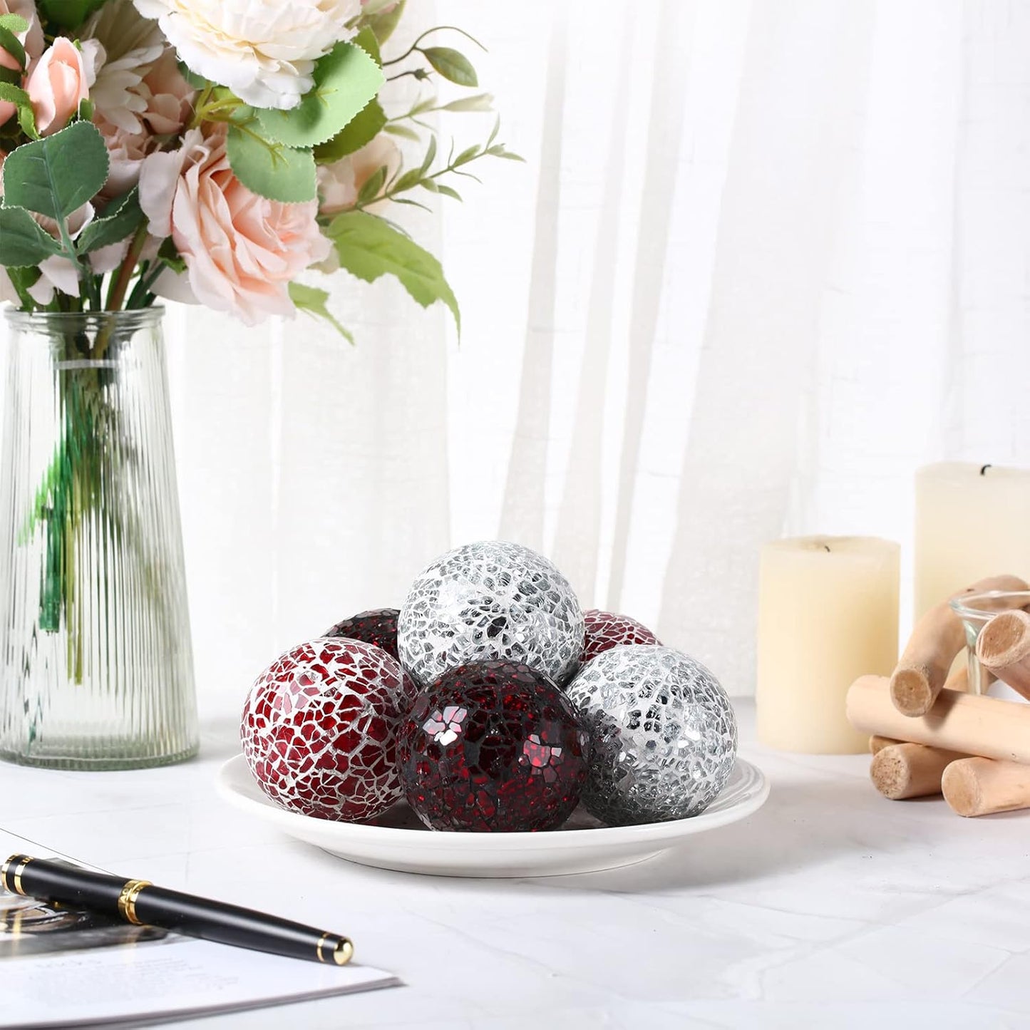 Cunhill 6 Pieces Decorative Balls for Bowls 6.5 cm / 2.5 Inch Orbs Glass Balls for Centerpiece Bowls Mosaic Sphere for Home Decoration Dining Table Christmas Party (White,Red,Reddish Black)