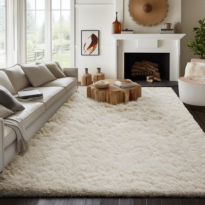 Ophanie Round Rugs 5Ft Ivory Circle Area Rug, Nursery Room Decor, Christmas Aesthetic Bedroom Home Circular Carpet 5 Foot, Fluffy Fuzzy Shag Plush Cream Living Room Rugs for Kids Boys Girls Teen Baby