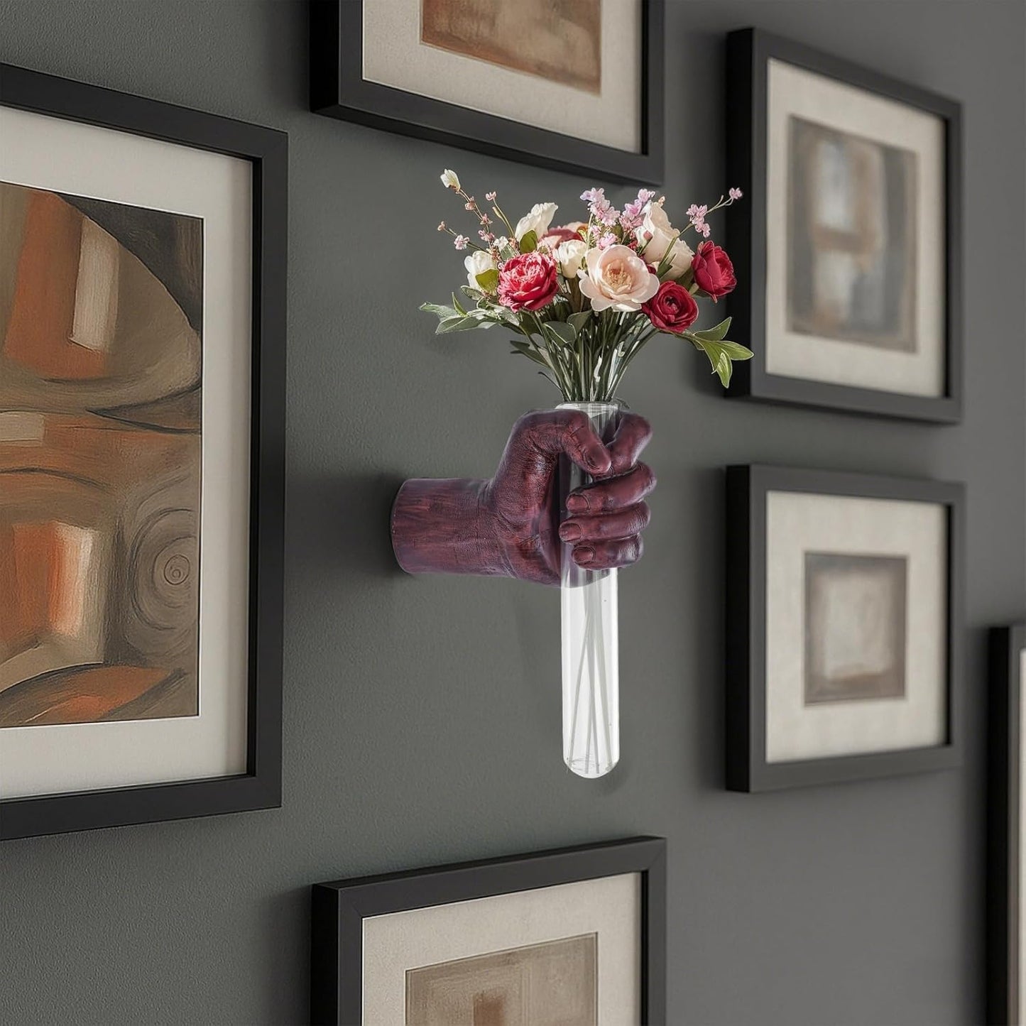 Gold Wall Sculptures, Hand Vases Home Decor, Wall Mount Art Sculpture, Unique Wall Art Statue, Funky Flower Vase Decorations, Modern Eclectic Hanging Decor,Glass Test Tube Vase
