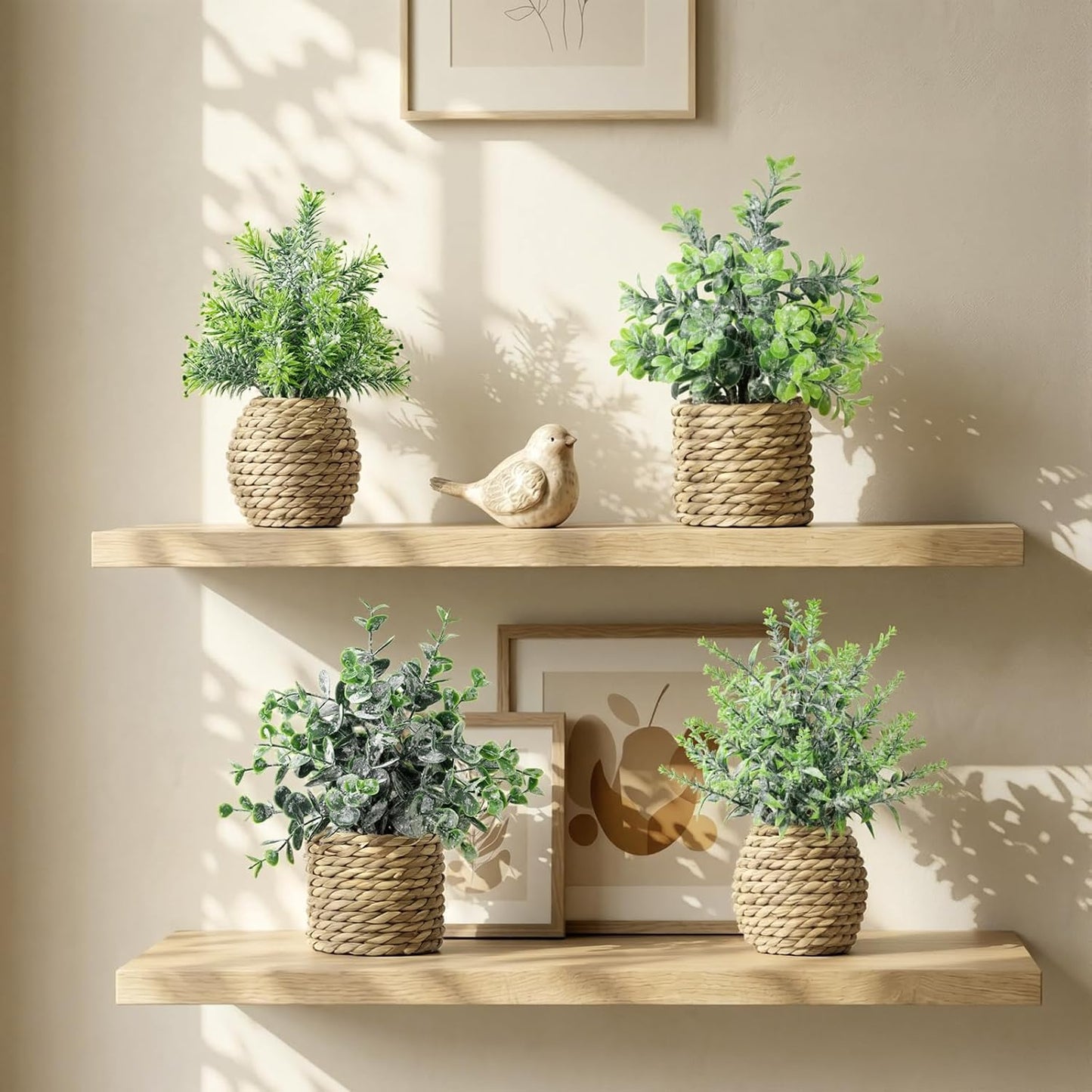 Small Fake Potted Plants: 9 Inches Artificial Plants with Seagrass Handwoven Planters, Indoor Farmhouse Spring Decorations, Eucalyptus Plant for Home Bathroom Office Shelf Tabletop Desk Room Decor