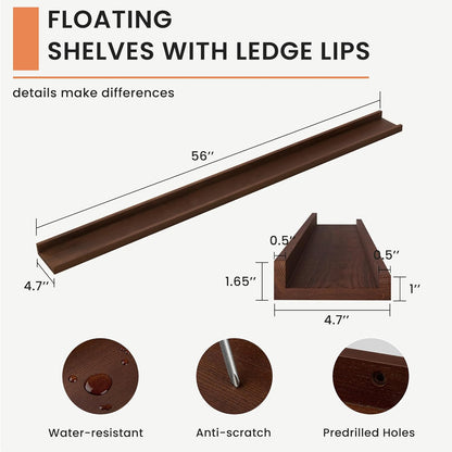 FLYJOE Picture Ledge Shelf, Floating Shelves Set of 2, Solid Pine Wood 55'' Long Large Nursery Book Shelves for Toys Storage, Kids Bookshelf for Living Room Bedroom Decor Books Photo Frames, Walnut