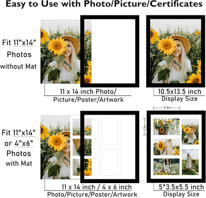 JCJMY 11x14 Picture Frame, 4x6 Collage Picture Frame, Display 5 Pcs 4x6 Photos or 11x14 Picture, Five Opening 4x6 Collage Frame for Wall Hanging, Lightweight 4 x 6 Multi Pictures Frame, Black